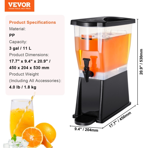 VEVOR 3 Gallon Beverage Dispenser, Drink Dispenser, Plastic Juice Dispenser with Stand Spigot Lid, Iced Tea Lemonade Juice Water Dispenser, for