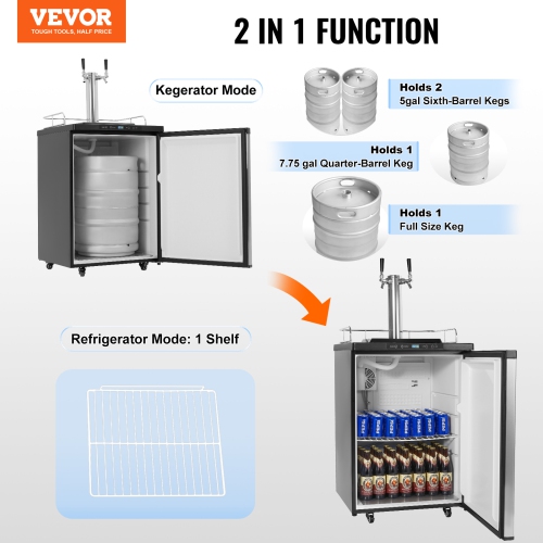 VEVOR Beer Kegerator, Dual Tap Draft Beer Dispenser, Full Size Keg Refrigerator With Shelf, CO2 Tank(No Gas), Drip Tray & Rail, 23°F- 82.4°F