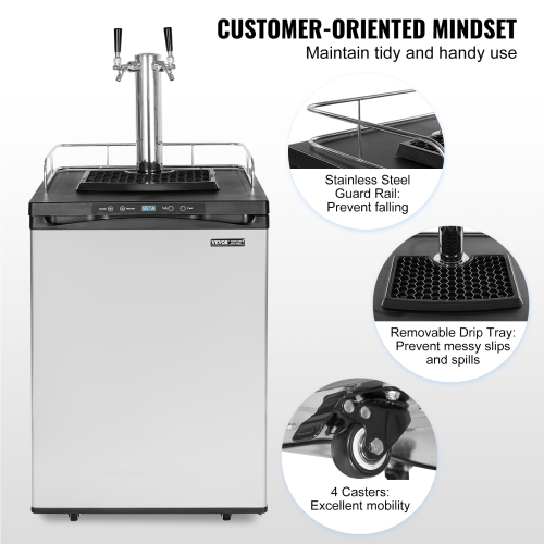 VEVOR Beer Kegerator, Dual Tap Draft Beer Dispenser, Full Size Keg Refrigerator With Shelf, CO2 Tank(No Gas), Drip Tray & Rail, 23°F- 82.4°F