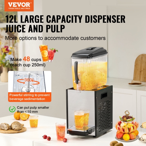 VEVOR 12 L / 12.7 QT Commercial Beverage Dispenser, Juice Dispenser, 246W 304 Stainless Steel Food Grade Ice Tea Drink Machine with 45°F-54°F Cooling