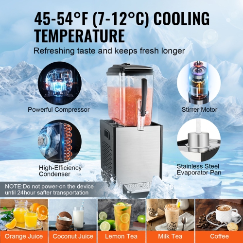 VEVOR 12 L / 12.7 QT Commercial Beverage Dispenser, Juice Dispenser, 246W 304 Stainless Steel Food Grade Ice Tea Drink Machine with 45°F-54°F Cooling