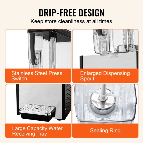 VEVOR 12 L / 12.7 QT Commercial Beverage Dispenser, Juice Dispenser, 246W 304 Stainless Steel Food Grade Ice Tea Drink Machine with 45°F-54°F Cooling