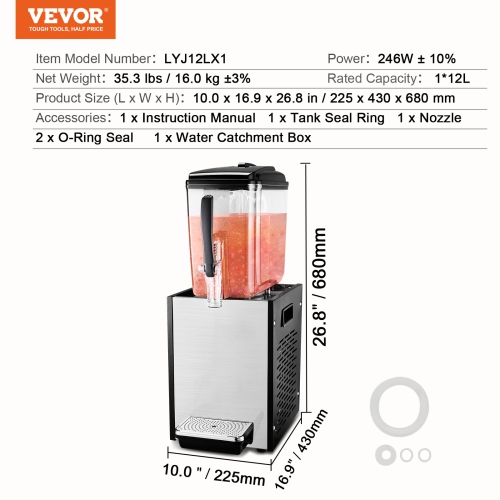 VEVOR 12 L / 12.7 QT Commercial Beverage Dispenser, Juice Dispenser, 246W 304 Stainless Steel Food Grade Ice Tea Drink Machine with 45°F-54°F Cooling