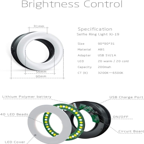 Selfie Ring Light Rechargeable Portable Clip-on Selfie Fill Light with 40 LED for Smart Phone Photography, Camera Video, Girl Makes up