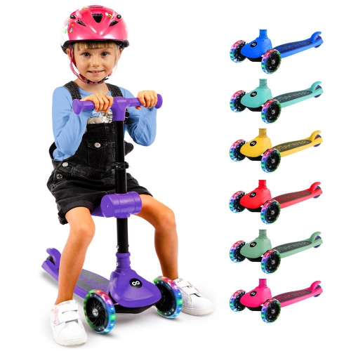 Image 1 de 1.. SereneLife 3 Wheel Foldable Kids Scooter - Foldable Seat, LED Wheel Lights, Adjustable Handlebar, Rear Foot Brake, Lean-to-Steer, Anti-Slip Deck,