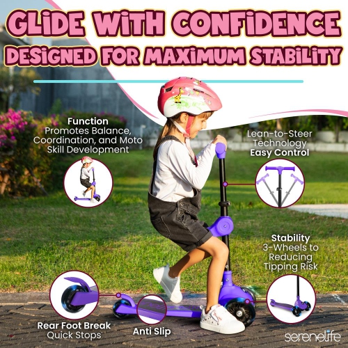 SereneLife 3 Wheel Foldable Kids Scooter - Foldable Seat, LED Wheel Lights, Adjustable Handlebar, Rear Foot Brake, Lean-to-Steer, Anti-Slip Deck,