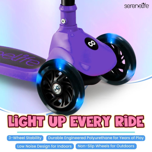 SereneLife 3 Wheel Foldable Kids Scooter - Foldable Seat, LED Wheel Lights, Adjustable Handlebar, Rear Foot Brake, Lean-to-Steer, Anti-Slip Deck,