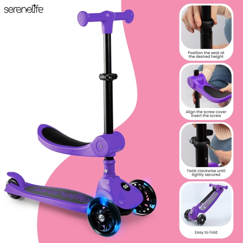 SereneLife 3 Wheel Foldable Kids Scooter - Foldable Seat, LED Wheel Lights, Adjustable Handlebar, Rear Foot Brake, Lean-to-Steer, Anti-Slip Deck,