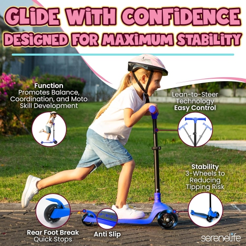SereneLife 3 Wheel Foldable Kids Scooter - , LED Wheel Lights, Adjustable Handlebar, Rear Foot Brake, Lean-to-Steer, Anti-Slip Deck, Ideal for