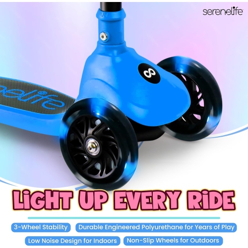 SereneLife 3 Wheel Foldable Kids Scooter - , LED Wheel Lights, Adjustable Handlebar, Rear Foot Brake, Lean-to-Steer, Anti-Slip Deck, Ideal for