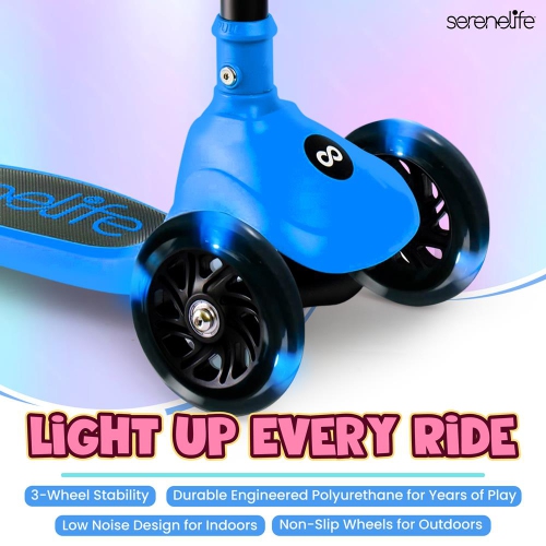 SereneLife 3 Wheel Foldable Kids Scooter - , LED Wheel Lights, Adjustable Handlebar, Rear Foot Brake, Lean-to-Steer, Anti-Slip Deck, Ideal for