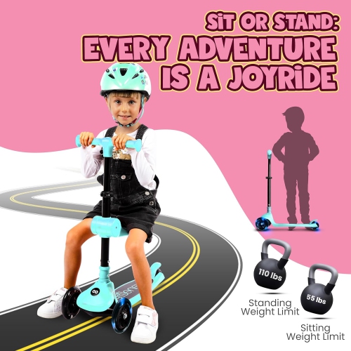SereneLife 3 Wheel Foldable Kids Scooter - Foldable Seat, LED Wheel Lights, Adjustable Handlebar, Rear Foot Brake, Lean-to-Steer, Anti-Slip Deck,
