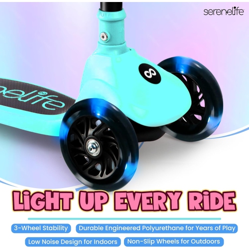 SereneLife 3 Wheel Foldable Kids Scooter - Foldable Seat, LED Wheel Lights, Adjustable Handlebar, Rear Foot Brake, Lean-to-Steer, Anti-Slip Deck,