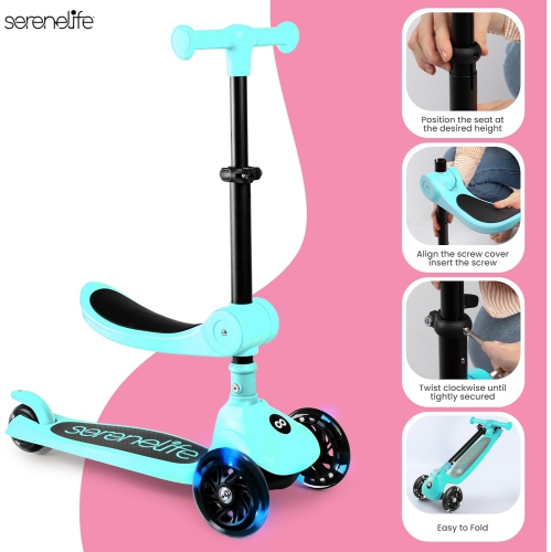 SereneLife 3 Wheel Foldable Kids Scooter - Foldable Seat, LED Wheel Lights, Adjustable Handlebar, Rear Foot Brake, Lean-to-Steer, Anti-Slip Deck,