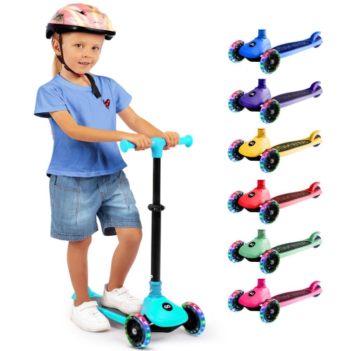 Image 1 de 4.. SereneLife 3 Wheel Foldable Kids Scooter - Foldable Seat, LED Wheel Lights, Adjustable Handlebar, Rear Foot Brake, Lean-to-Steer, Anti-Slip Deck,