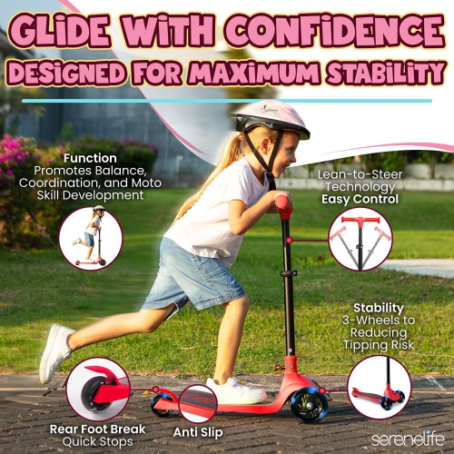 SereneLife 3 Wheel Foldable Kids Scooter - Foldable Seat, LED Wheel Lights, Adjustable Handlebar, Rear Foot Brake, Lean-to-Steer, Anti-Slip Deck,