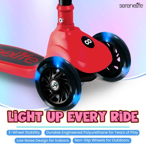 SereneLife 3 Wheel Foldable Kids Scooter - Foldable Seat, LED Wheel Lights, Adjustable Handlebar, Rear Foot Brake, Lean-to-Steer, Anti-Slip Deck,
