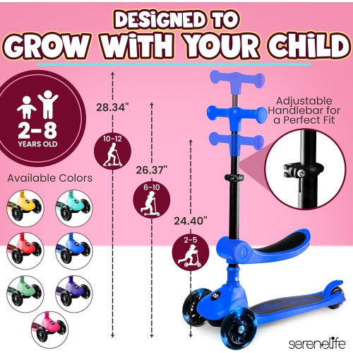 SereneLife 3 Wheel Foldable Kids Scooter - Foldable Seat, LED Wheel Lights, Adjustable Handlebar, Rear Foot Brake, Lean-to-Steer, Anti-Slip Deck,