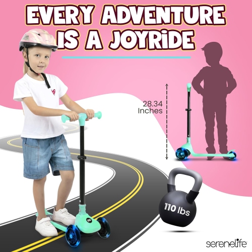 SereneLife 3 Wheel Foldable Kids Scooter -LED Wheel Lights, Adjustable Handlebar, Rear Foot Brake, Lean-to-Steer, Anti-Slip Deck, Ideal for Toddlers