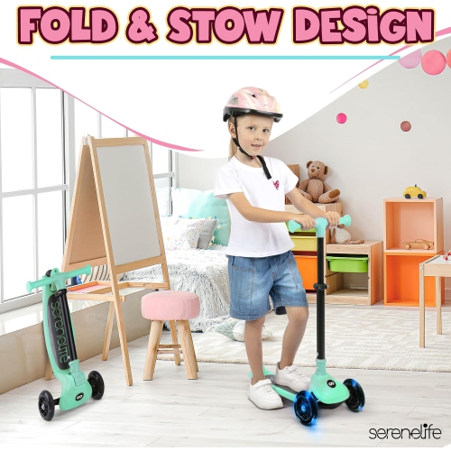 SereneLife 3 Wheel Foldable Kids Scooter -LED Wheel Lights, Adjustable Handlebar, Rear Foot Brake, Lean-to-Steer, Anti-Slip Deck, Ideal for Toddlers