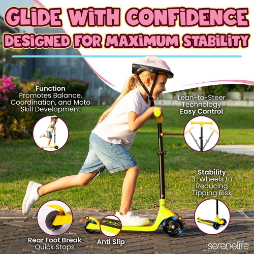 SereneLife 3 Wheel Foldable Kids Scooter - LED Wheel Lights, Adjustable Handlebar, Rear Foot Brake, Lean-to-Steer, Anti-Slip Deck, Ideal for Toddlers