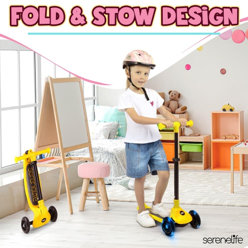 SereneLife 3 Wheel Foldable Kids Scooter - LED Wheel Lights, Adjustable Handlebar, Rear Foot Brake, Lean-to-Steer, Anti-Slip Deck, Ideal for Toddlers