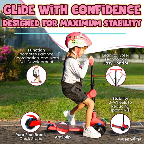 SereneLife 3 Wheel Foldable Kids Scooter, Foldable seat- LED Wheel Lights, Adjustable Handlebar, Rear Foot Brake, Lean-to-Steer, Anti-Slip Deck,