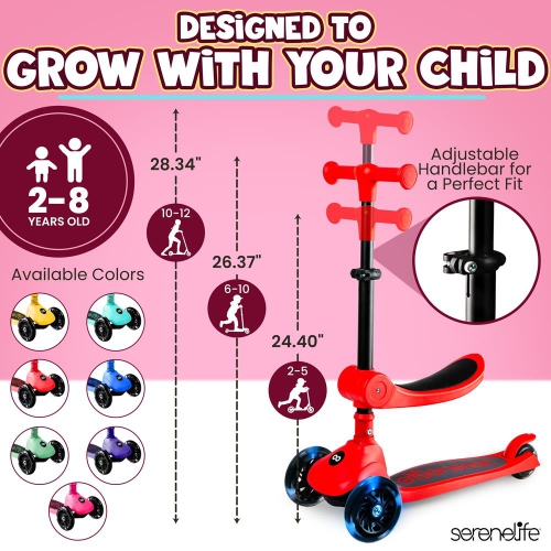 SereneLife 3 Wheel Foldable Kids Scooter, Foldable seat- LED Wheel Lights, Adjustable Handlebar, Rear Foot Brake, Lean-to-Steer, Anti-Slip Deck,