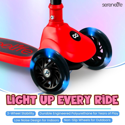SereneLife 3 Wheel Foldable Kids Scooter, Foldable seat- LED Wheel Lights, Adjustable Handlebar, Rear Foot Brake, Lean-to-Steer, Anti-Slip Deck,
