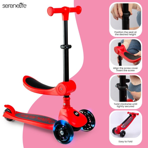 SereneLife 3 Wheel Foldable Kids Scooter, Foldable seat- LED Wheel Lights, Adjustable Handlebar, Rear Foot Brake, Lean-to-Steer, Anti-Slip Deck,