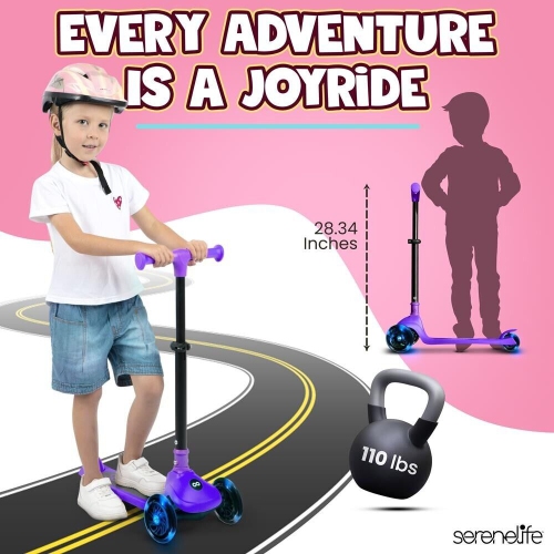 SereneLife 3 Wheel Foldable Kids Scooter - LED Wheel Lights, Adjustable Handlebar, Rear Foot Brake, Lean-to-Steer, Anti-Slip Deck, Ideal for Toddlers