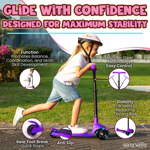 SereneLife 3 Wheel Foldable Kids Scooter - LED Wheel Lights, Adjustable Handlebar, Rear Foot Brake, Lean-to-Steer, Anti-Slip Deck, Ideal for Toddlers