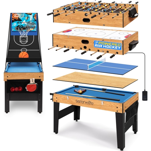 SERENELIFE  48" 6-In-1 Multi Game Table, Full-Size Indoor And Outdoor Arcade Sports Table \w Pool, Air Hockey, Foosball, Basketball, Table Tennis