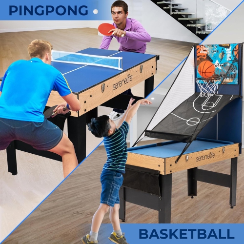 SereneLife 48" 6-in-1 Multi Game Table, Full-Size Indoor and Outdoor Arcade Sports Table with Pool, Air Hockey, Foosball, Basketball, Table Tennis,
