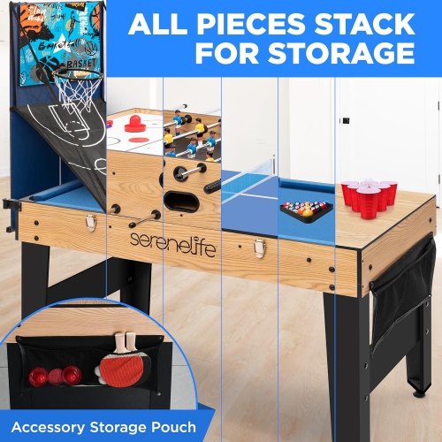 SereneLife 48" 6-in-1 Multi Game Table, Full-Size Indoor and Outdoor Arcade Sports Table with Pool, Air Hockey, Foosball, Basketball, Table Tennis,