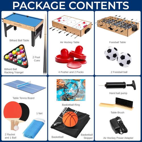 SereneLife 48" 6-in-1 Multi Game Table, Full-Size Indoor and Outdoor Arcade Sports Table with Pool, Air Hockey, Foosball, Basketball, Table Tennis,