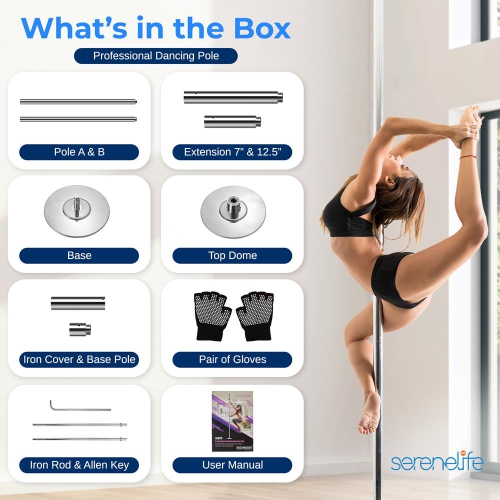 SereneLife Professional Spinning Dance Pole, 45mm Portable Exercise Pole for Fitness – Durable Steel Build, Anti-Rust Finish, Suitable for Home,