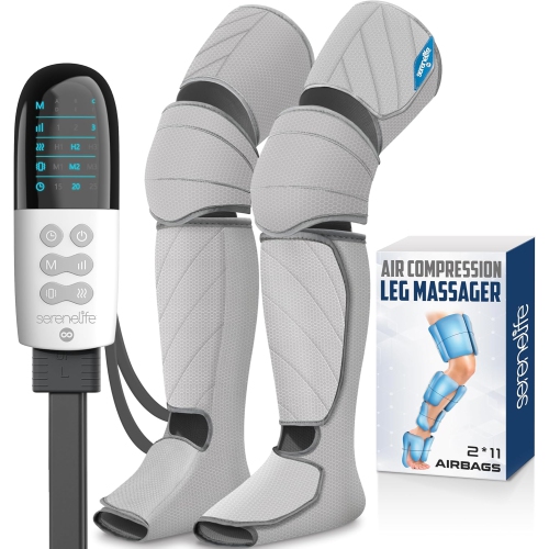 SERENELIFE  Air Compression Leg Massager, Full Leg Massager \w Heat And Compression, Adjustable \w 6 Modes 3 Vibrations 3 Intensities, 11 Airbags For