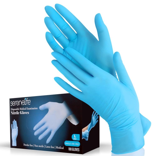 SereneLife Soft Industrial Gloves, Disposable Nitrile Gloves, Latex Free, Puncture Resistant, Non-Sterile, Textured Grip, Ideal for Automotive,