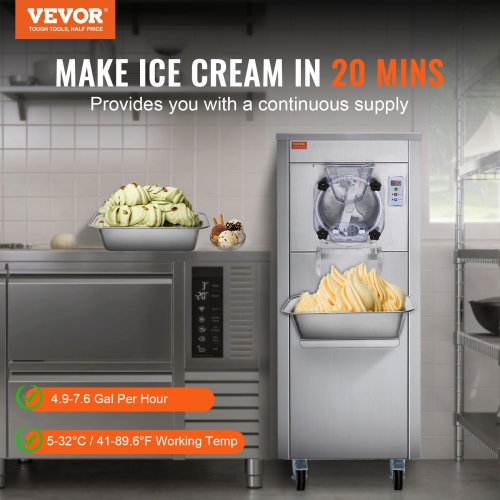 VEVOR 1780W Ice Cream Maker for Commercial Use,18 Liters per Hour, Single Flavor, Equipped with Wheels, 6L Stainless Cylinder, LED Display, Automatic