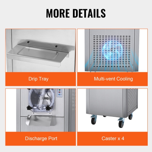 VEVOR 1780W Ice Cream Maker for Commercial Use,18 Liters per Hour, Single Flavor, Equipped with Wheels, 6L Stainless Cylinder, LED Display, Automatic