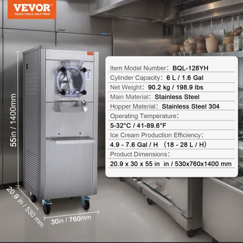 VEVOR 1780W Ice Cream Maker for Commercial Use,18 Liters per Hour, Single Flavor, Equipped with Wheels, 6L Stainless Cylinder, LED Display, Automatic