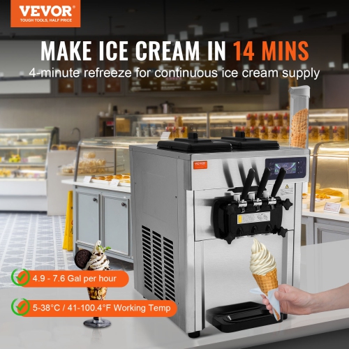 VEVOR 1850W Commercial Ice Cream Machine, 18-28 L/H Yield, 3-Flavor Soft Ice Cream Maker, 2 x 5.5L Stainless Steel Cylinder, LED Panel Auto Clean