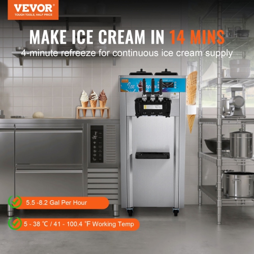 VEVOR 21-31 L/H Yield, Commercial Ice Cream Machine, 1800W 3-Flavor Soft Ice Cream Maker, 2 x 5.5L Stainless Steel Cylinder, LED Panel Auto Clean
