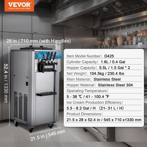 VEVOR 21-31 L/H Yield, Commercial Ice Cream Machine, 1800W 3-Flavor Soft Ice Cream Maker, 2 x 5.5L Stainless Steel Cylinder, LED Panel Auto Clean