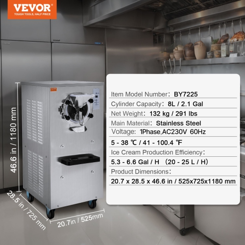VEVOR 20-25L/H Yield, Ice Cream Machine, 2400W 1-Flavor Hard Ice Cream Maker, 8L Stainless Steel Cylinder,Digital Display Auto Clean Adjustable
