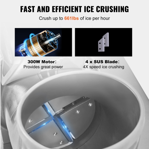 Broyeur à glace VEVOR 661&nbsp;lb, machine à cornets à neige électrique par heure avec 4 lames, machine à glaçons en acier inoxydable avec couvercle,