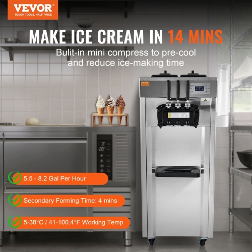 VEVOR 2200W Commercial Soft Ice Cream Machine 3 Flavors 5.3 to 7.4Gallon per Hour PreCooling at Night Auto Clean LCDPanel for Restaurants Snack Bar,