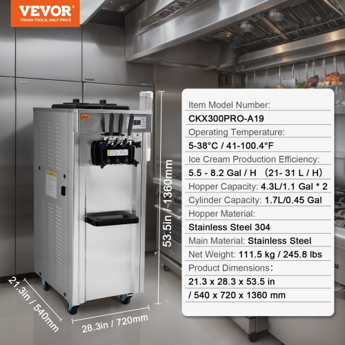 VEVOR 2200W Commercial Soft Ice Cream Machine 3 Flavors 5.3 to 7.4Gallon per Hour PreCooling at Night Auto Clean LCDPanel for Restaurants Snack Bar,
