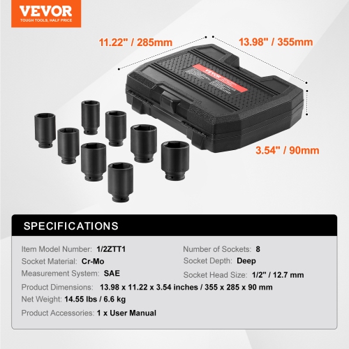 VEVOR Axle Nut Impact Socket Set, 1/2" Drive Deep 6-Point 8-Piece SAE Spindle Nut Socket Set, CR-MO Heat Treated Socket Set with Storage Case,
